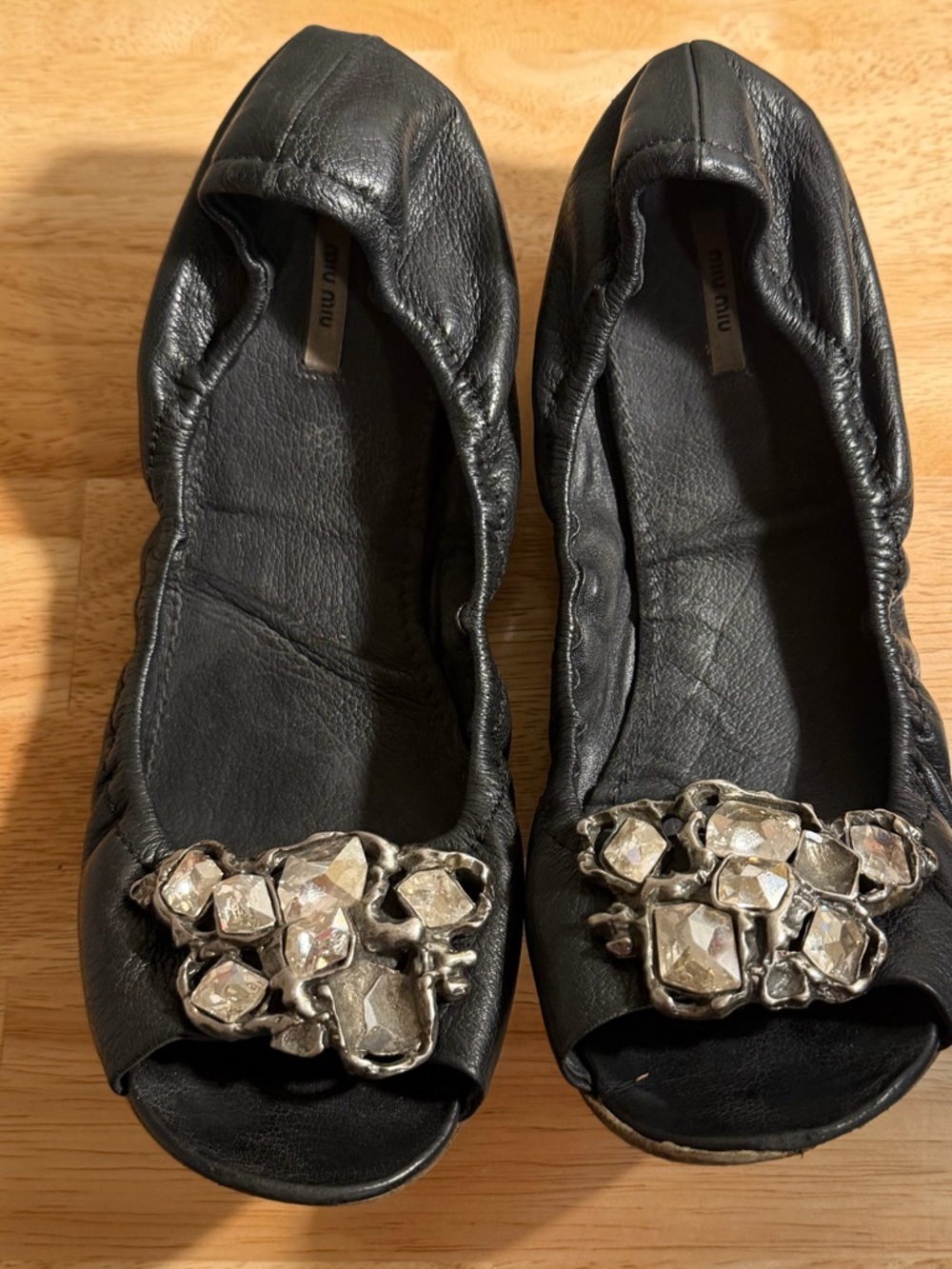 Miu Miu Black Leather Jeweled Peep-Toe Flats